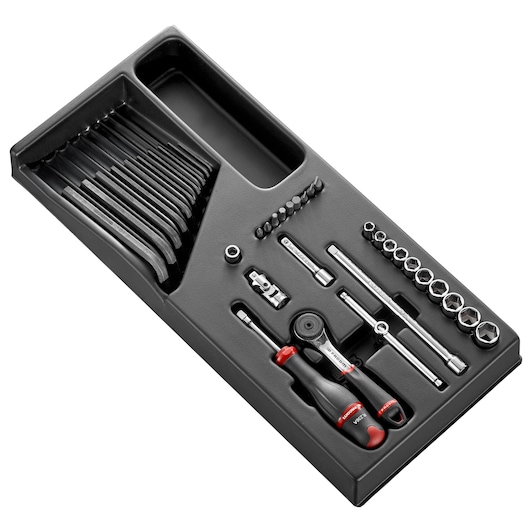 Facom MODR161-26 tool tray with ratchet, hex keys, sockets, extensions, and bits, top angle on white background.
