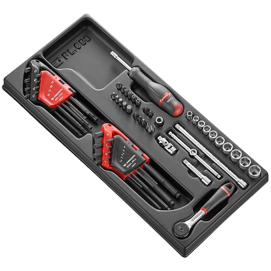 Photo of Facom MOD.R161-46PB tool tray with hex key sets, sockets, bits, screwdriver, and ratchet, angled view.