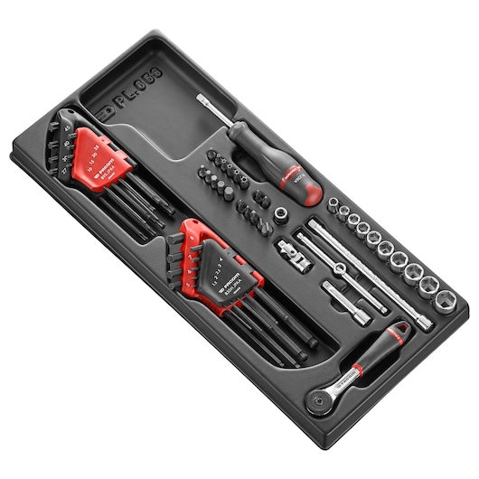 Facom MOD_R161-46 tool set tray with various hand tools and hex keys, photographed from angled top view.