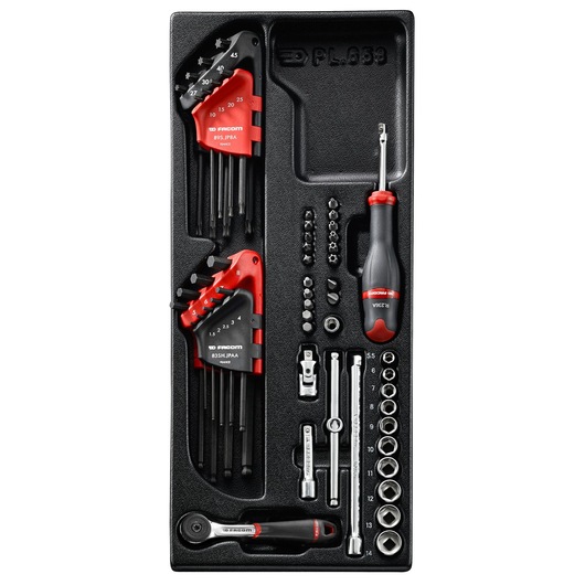 Facom MOD_R161-46 socket and hex key set with ratchet, screwdriver, bits, and accessories in black tray, top view.