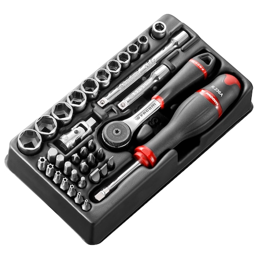 Facom MOD_R161-66 socket, bit, and screwdriver set in black tray, angled view, showing multiple pieces.