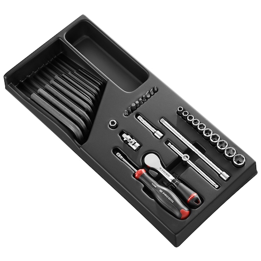 Facom MOD.R181-26 hand tool tray set with hex keys, sockets, ratchet, extensions and screwdriver, angled top view.