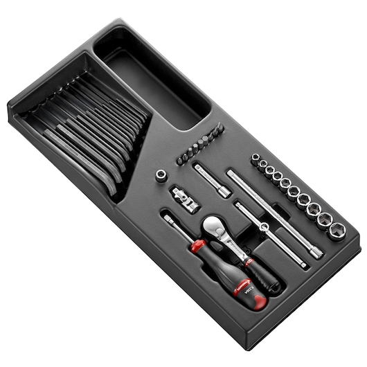 Facom MOD_RL161-26 mechanics tool set with hex keys, ratchet, screwdrivers, sockets, and extensions, top angle view.