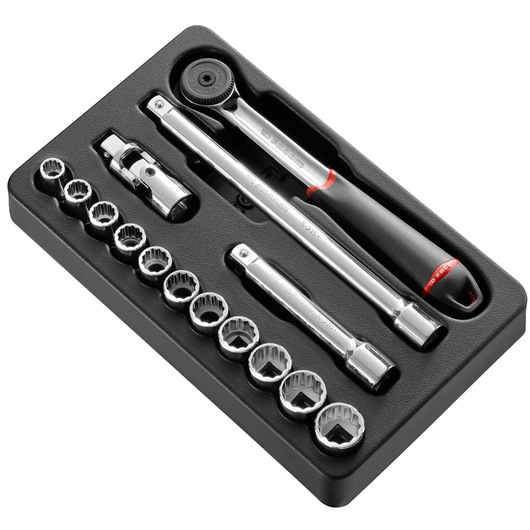 Facom MOD_S161-112U socket wrench set in black tray, includes ratchet, extensions, sockets, top view.