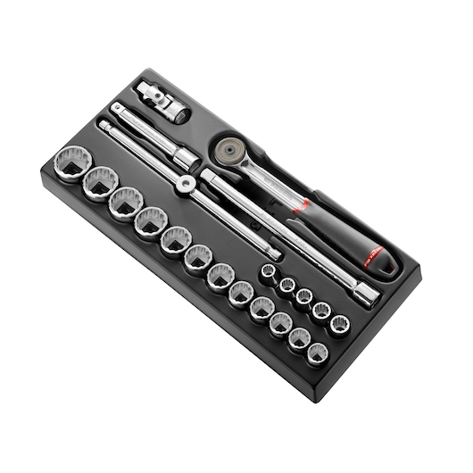 Facom MOD_S161-212U socket and ratchet set in black tray, 21-piece, top view on white background.
