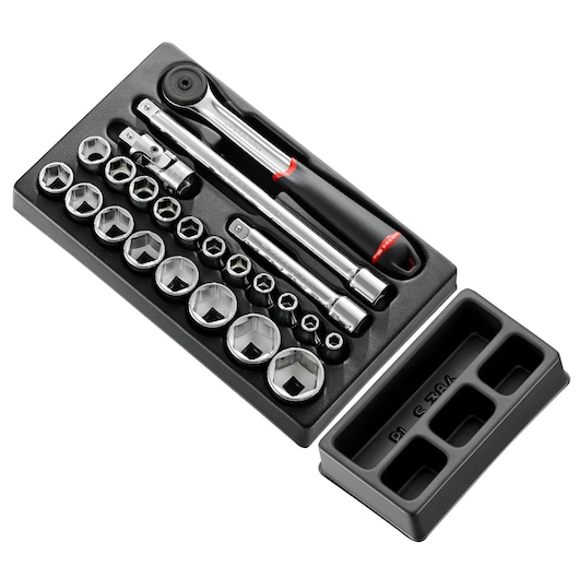 Facom MOD.S161-36PB socket and ratchet set in black tray, shown from above on white background.