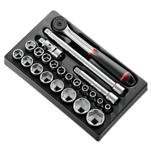Facom MOD_S161-36 socket and ratchet set, 1/2 inch drive, photography from top angle on white background