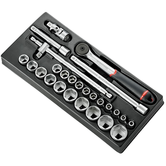 Facom MOD_S161-46 socket wrench set with ratchet and accessories in black tray, top angle.