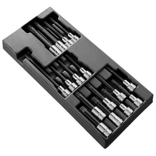Facom MOD.SHPBPB socket bit set in black tray, 15 pieces organized, top angle on white background.