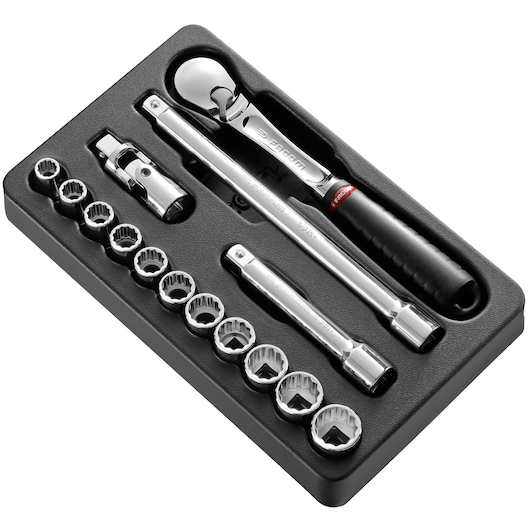 Facom MODSL161-112U socket wrench set with ratchet, extension bars, and sockets in black foam tray, angled view.