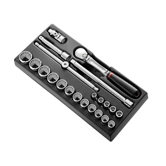 Facom MOD_SL161-212U socket wrench set with ratchet, extensions, and sockets in a black tray, angled view.