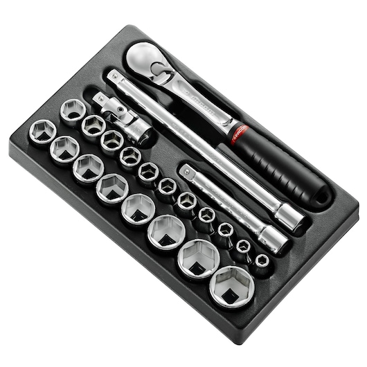 Facom MOD_SL161-36 socket wrench set with chrome sockets and ratchet in black tray, top angle.