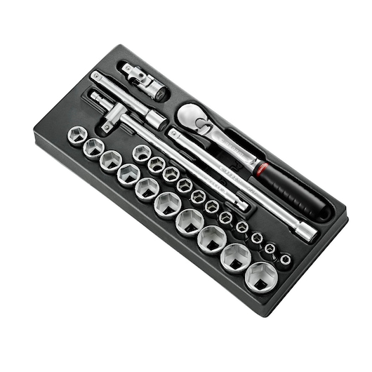 Facom MOD_SL161-46 socket wrench set with ratchet, extensions, and sockets in black tray, top view.