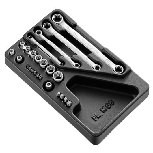 Facom MODTX1A tray with chrome Torx wrenches, sockets, and bits, photography, angled view on white background.