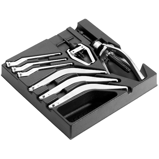 Facom MOD.U306PB puller tool set in foam tray, top angle, silver and black components.