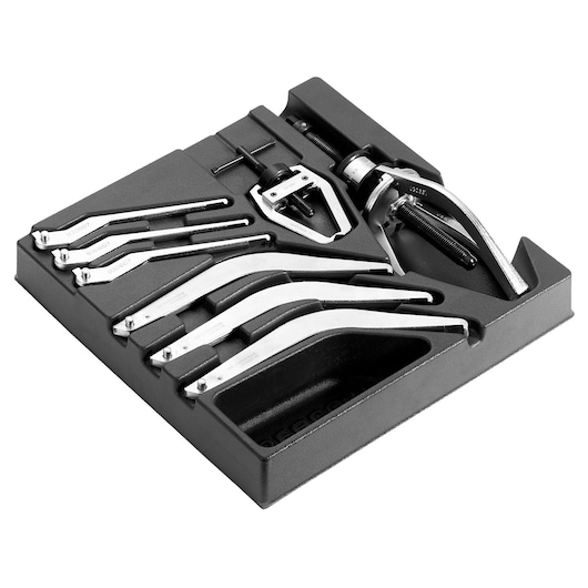 Facom MOD_U306 photography of puller tool set in black tray, showing multiple sizes and components, top view.