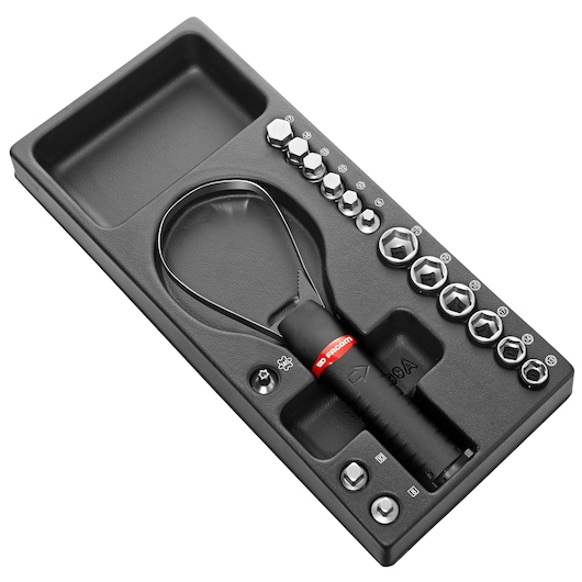 Facom MOD_U48A socket and wrench set in black tray, top-down angle, includes multiple hex sockets and handle.