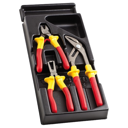 Facom MOD_VEA0 insulated pliers and cutters set in black tray, red and yellow handles, top view.