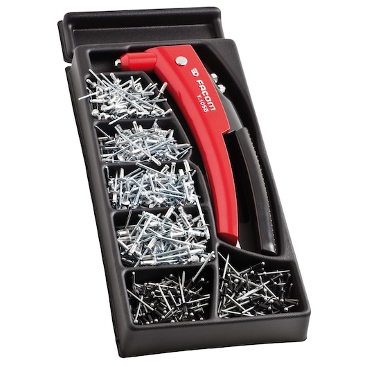 Facom MOD_Y105 rivet gun set with red handle and assorted rivets in black tray, top angle.