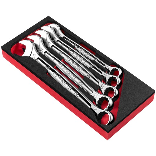 Facom MODM_440-2 combination wrench set, four chrome wrenches in black and red foam tray, top angle.