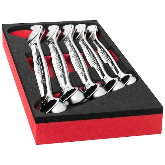 Facom MODM_440-2 set of five chrome offset box wrenches in black and red foam tray, angled top view.
