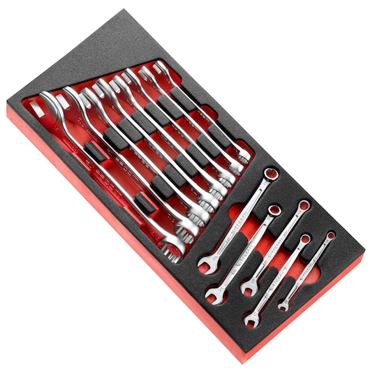 Photo of Facom MODM_440-4 combination wrench set in black and red foam tray, top angle.