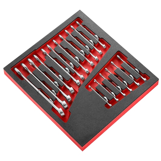 Facom MODM_440J17SLS wrench and spanner set in red and black foam tray, top angle.