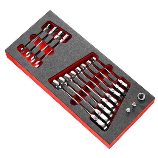 Facom MODM_467BFJ12 ratcheting wrench set in foam tray, top-down angle, with assorted wrenches and accessories.