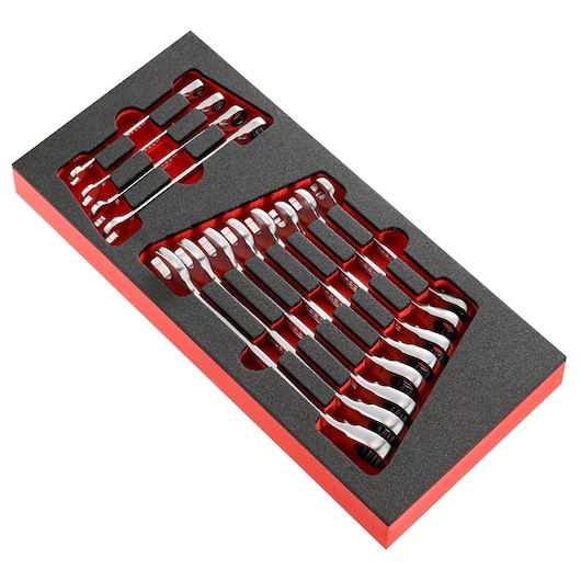Facom MODM.467BJ12PB ratcheting combination wrench set in foam tray, angled top view.