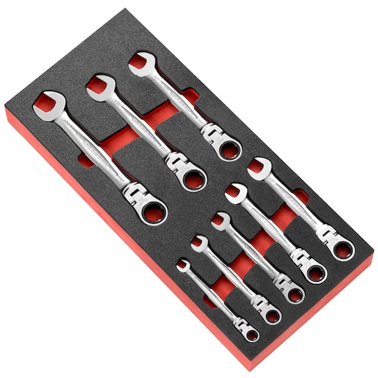 Facom MODM_467FJU8 ratcheting combination wrench set, eight pieces in foam tray, top view on white background.