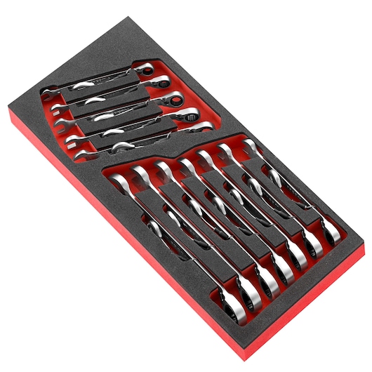 Facom MODM_467J12SLS ratcheting spanner set, 12 pieces, in black and red foam tray, top angle.