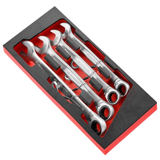 Facom MODM_467J4SLS ratcheting combination wrench set, four pieces in red and black foam tray, angled view.