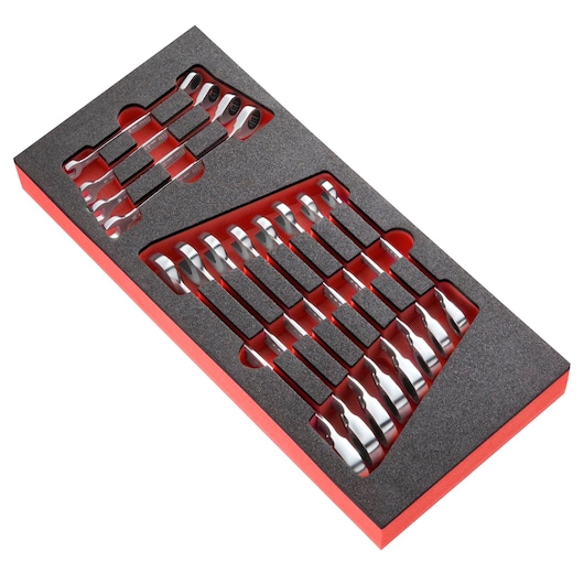 Facom MODM_467JU12 combination spanner set arranged in red and black foam tray, top angle on white background.