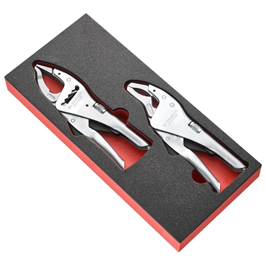 Facom MODM_501A set of two locking pliers in black foam tray, angled top view, silver color.