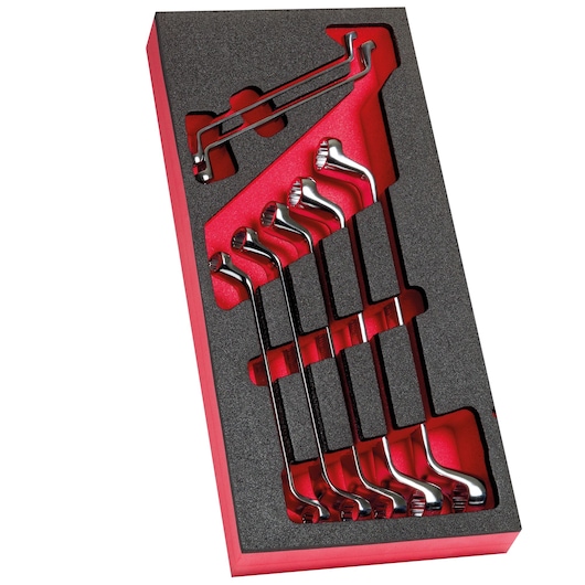 Facom MODM_55A-1 box-end wrench and hex key set in black and red foam tray, top-down angle.