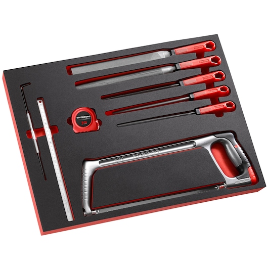 Photo of Facom MODM_603F hand tool set with red handles, including hacksaw, files, tape measure, and ruler, top view.