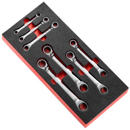 Facom MODM_65J7 ratcheting wrench set in foam tray, photography, top angle, six silver tools visible.