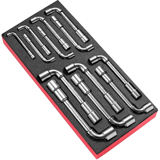 Facom MODM_75PB set of chrome offset socket wrenches organized in black foam tray, top angle photo.