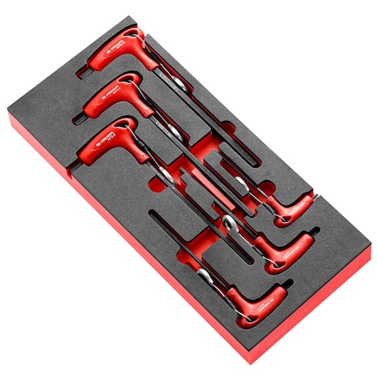 Facom MODM_84TZJ6SLS T-handle hex key set with red handles in black foam tray, top angle.
