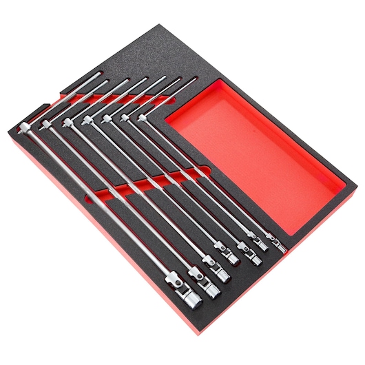 Facom MODM_99B set of chrome extension bars in black foam tray, angled top view, red tray base.