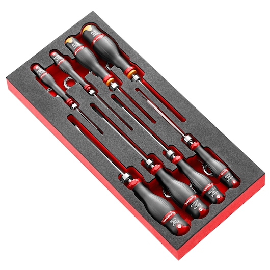 Facom MODM_AN1SLS screwdriver set in black foam tray, seven screwdrivers with red and black handles, top view.