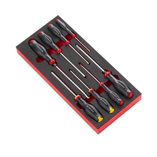 Facom MODM_AT1PB screwdriver set tray, black and red handles, photography, top angle.