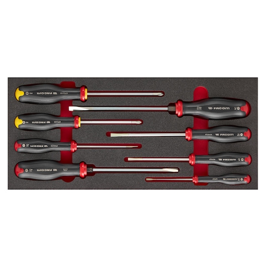 Facom MODM_AT1PB screwdriver set photography, eight screwdrivers in foam tray, top-down angle.