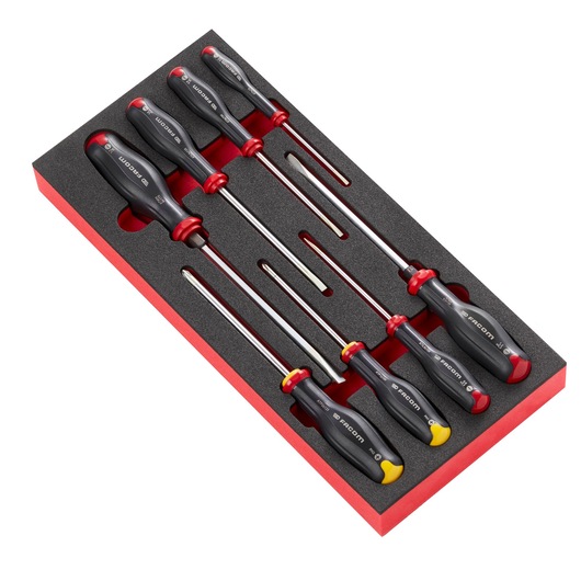 Facom MODM_AT1 screwdriver set in black and red foam tray, seven pieces with ergonomic handles, top view.