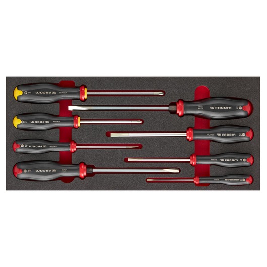 Facom MODM_AT1 screwdriver set, eight pieces with black and red handles, foam tray, top view.