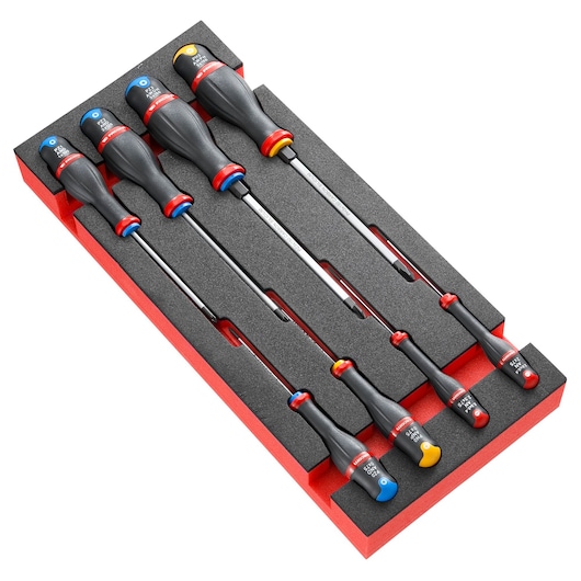 Facom MODM_AT2 screwdriver set, seven pieces with color-coded handles in black foam tray, top angle.