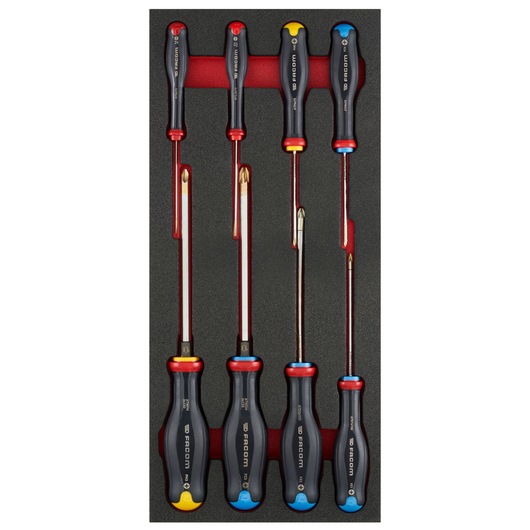 Facom MODM_AT2 screwdriver set with six color-coded screwdrivers in a black foam tray, top-down angle.