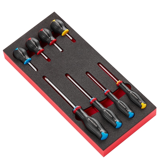 Facom MODM_AT3PB screwdriver set in foam tray, assorted colors, angled view, photography.