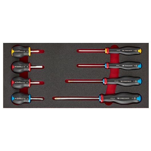 Facom MODM_AT3PB screwdriver set, six pieces with color-coded handles, tray top view.