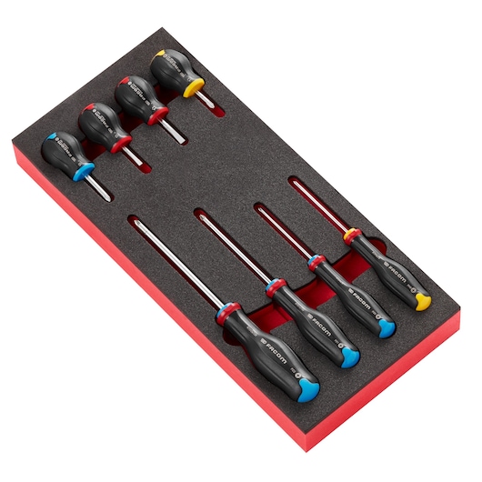 Facom MODM_AT3 screwdriver set in foam tray, top view, handles with color-coded ends, six-piece photography.